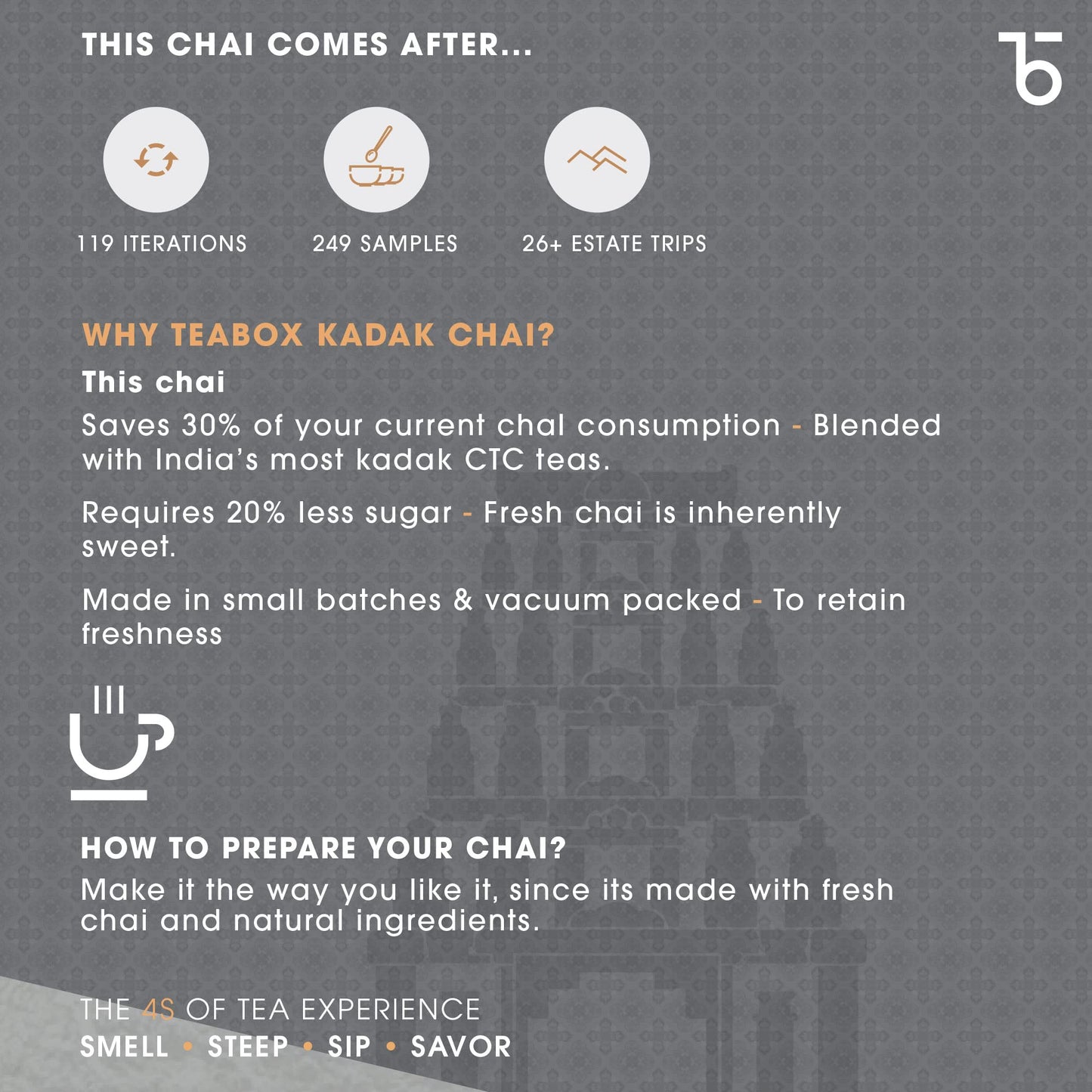Teabox Enhanced Fresh Kadak Chai Vacuum Sealed Pack | Sourced From The Estates Of Assam & Dooars | Strong And Enhanced Chai Black Tea 250G/8.8Oz