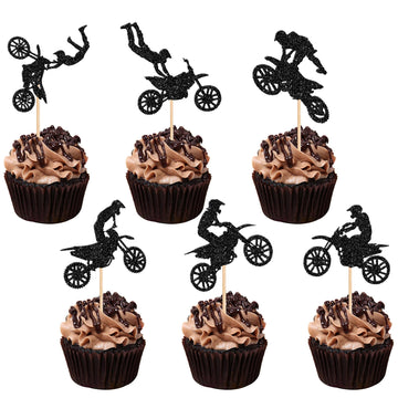 24 Pcs Motorcycle Cupcake Toppers Black Glitter Motocross Dirt Bike Party Cupcake Picks For Sports Motocross Theme Man Boy Birth