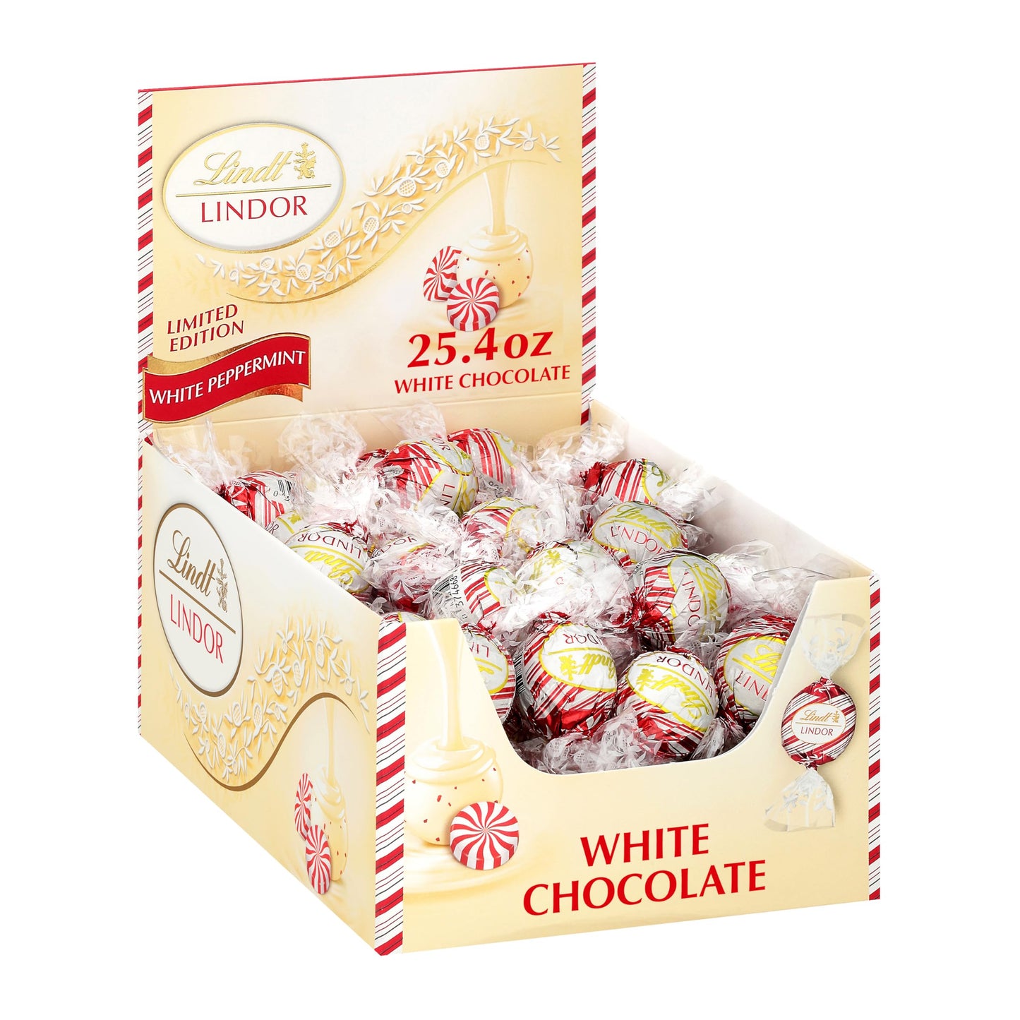Lindt Lindor White Chocolate Peppermint Truffles, White Chocolate Candy With Smooth Peppermint Truffle Center, 25.4 Oz., 60 Count