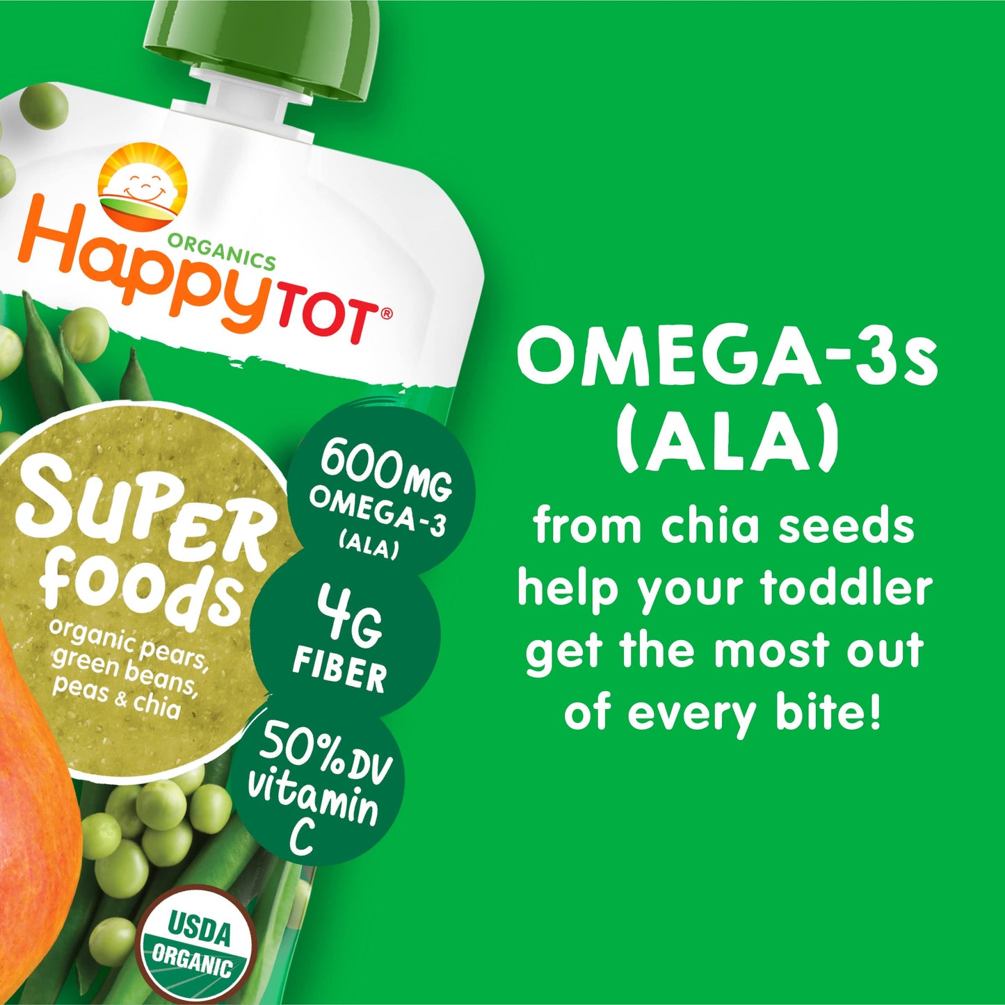 Happy Tot Organics Stage 4 Baby Food Pouches, Gluten Free, Vegan Snack, Superfoods Fruit & Veggie Puree, Pears, Peas, Green Bean