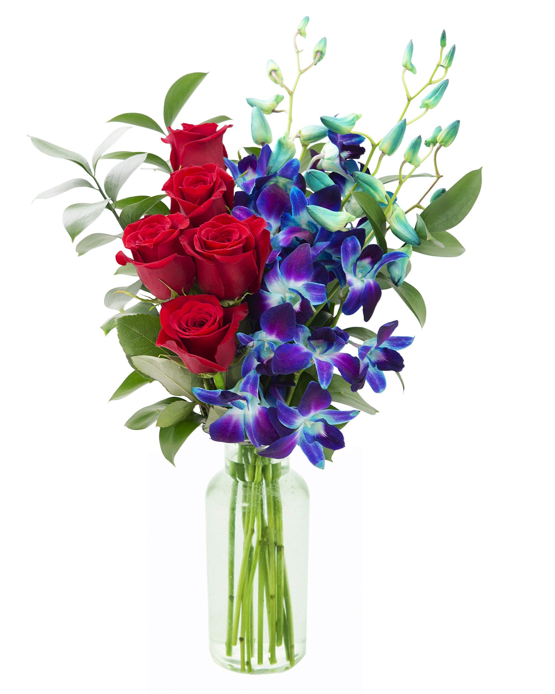 KaBloom Flowers - Mother's Day Collection - Bouquet of Red Roses and Blue Orchid with Vase.Gift for Birthday, Anniversary, Get W