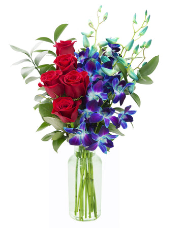 KaBloom Flowers - Mother's Day Collection - Bouquet of Red Roses and Blue Orchid with Vase.Gift for Birthday, Anniversary, Get W