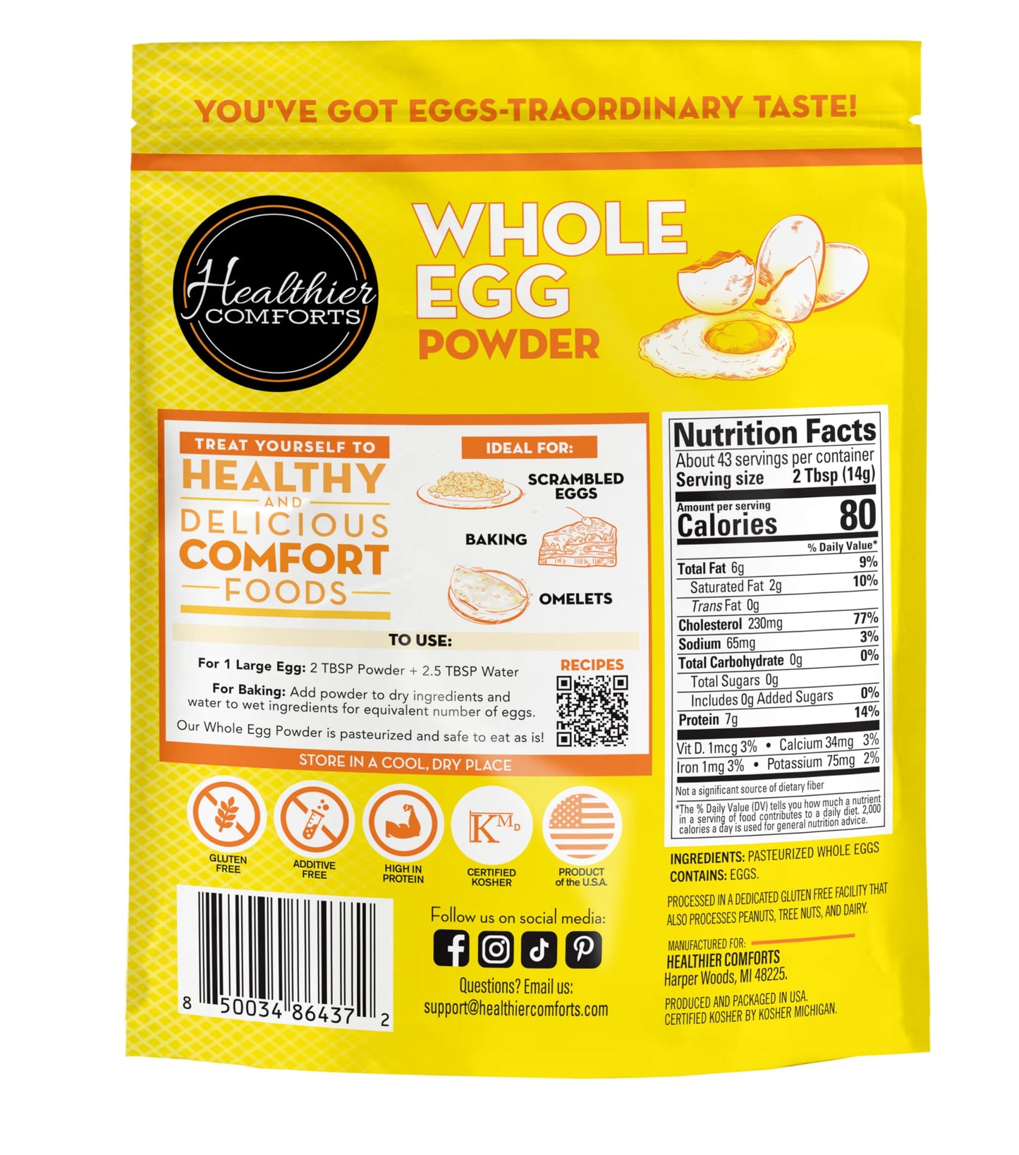 Healthier Comforts Whole Egg Powder, Gluten Free, Pasteurized, Ready to Eat, 21 oz