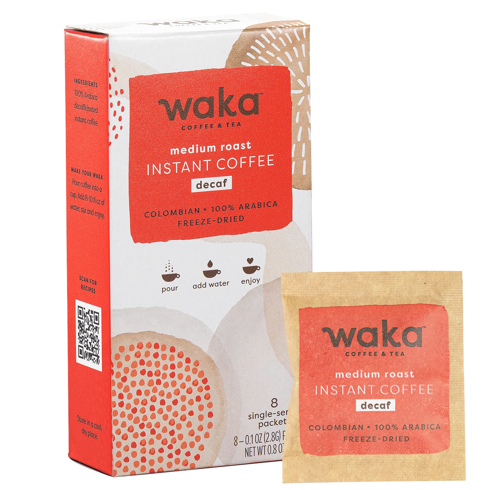 Waka Coffee Decaffeinated Medium Roast Instant Coffee - 100% Arabica Colombian Beans, 8 Single Serve Packets