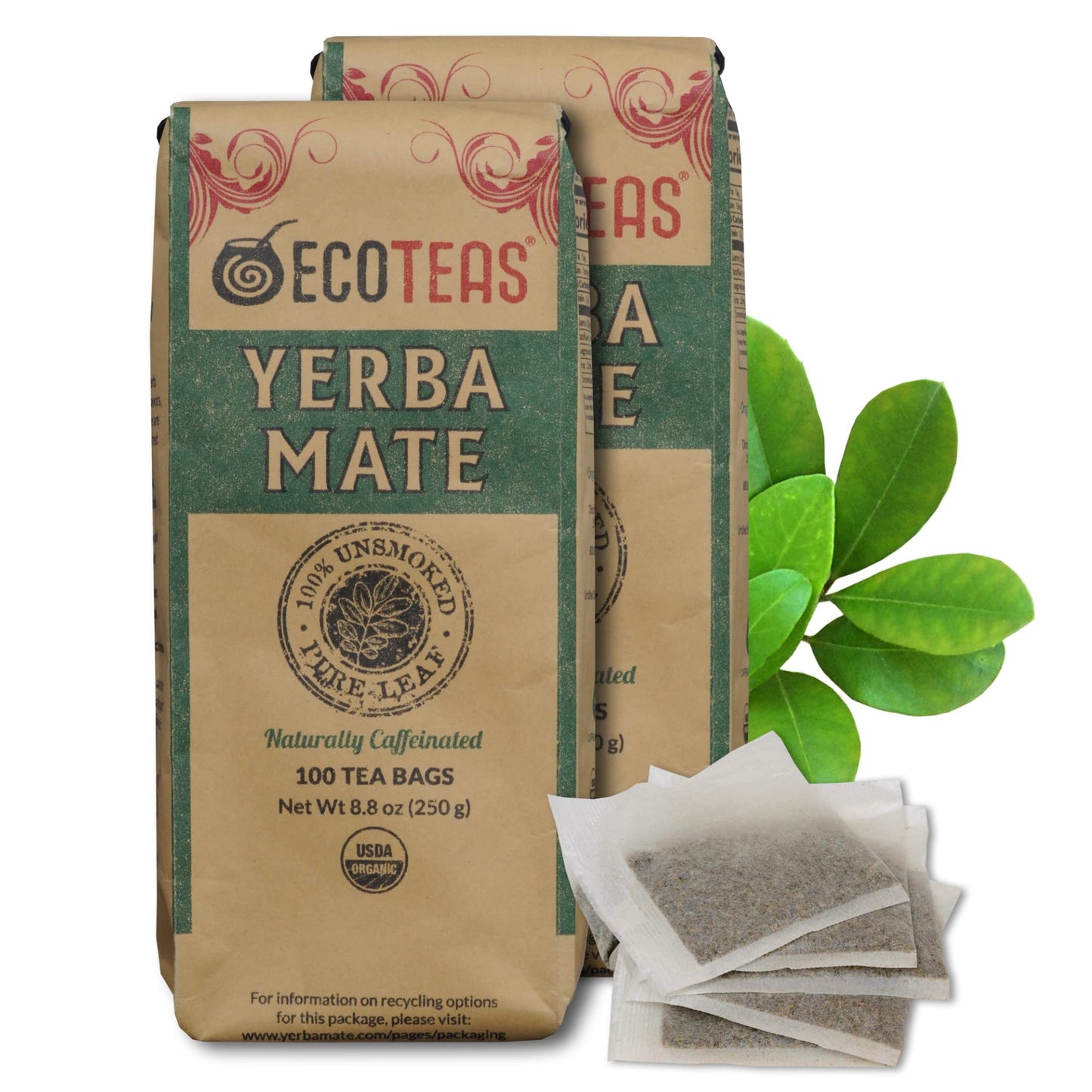 ECOTEAS Yerba Mate Tea Bags - Organic Unsmoked Detox Tea - 100 Bags, 8.8 oz (2 Pack)