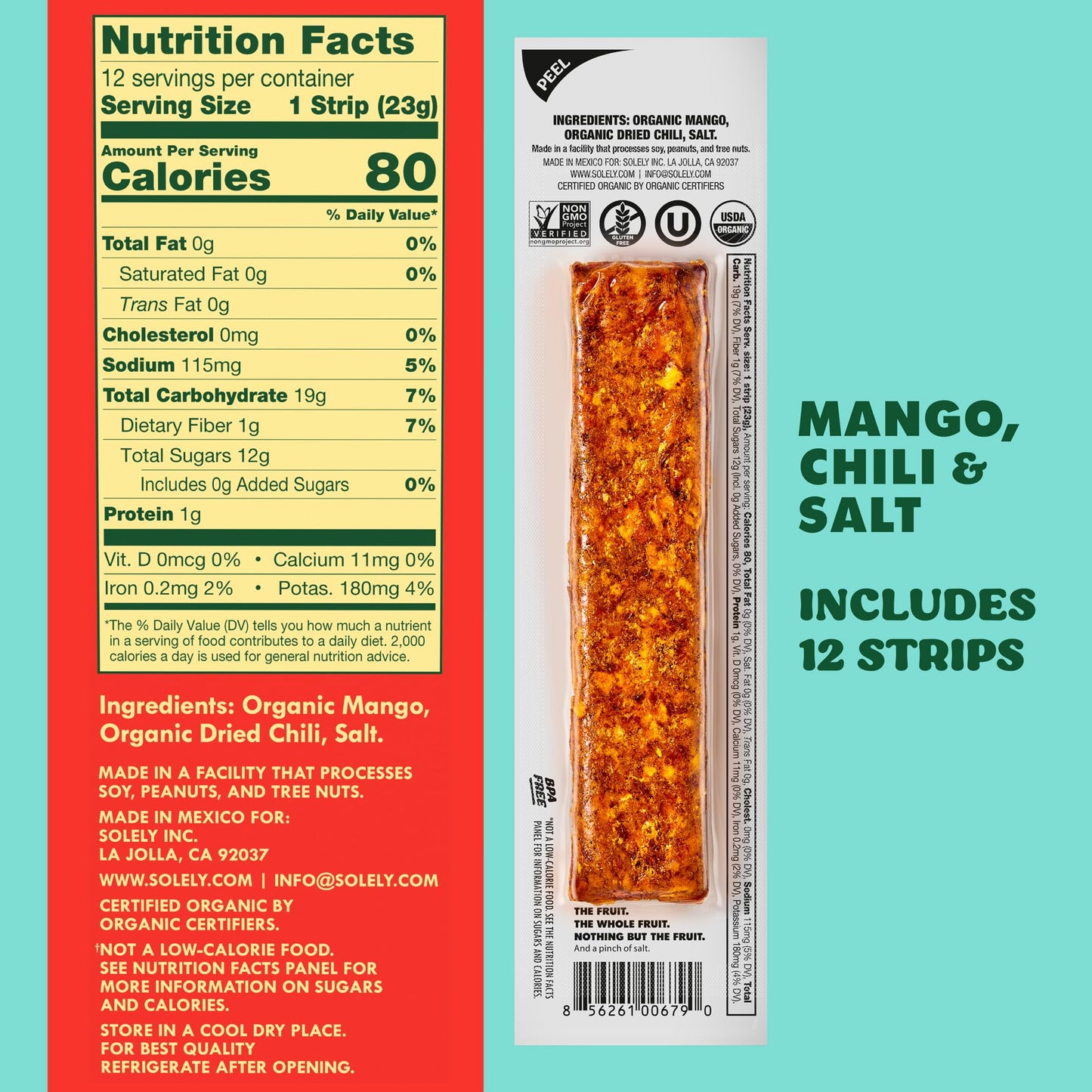 SOLELY - Organic Spicy Mango Chili and Salt Fruit Jerky - 12 Individually Wrapped Strips - Fruit Leather Made from Dried Fruit -