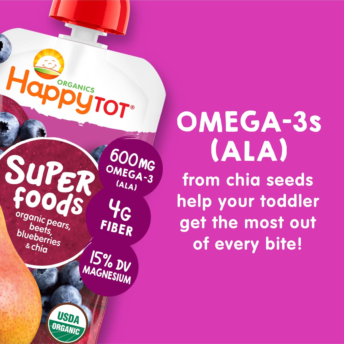 Happy Tot Organics Stage 4 Baby Food Pouches, Gluten Free, Vegan Snack, Superfoods Fruit & Veggie Puree, Pears, Blueberries, Bee