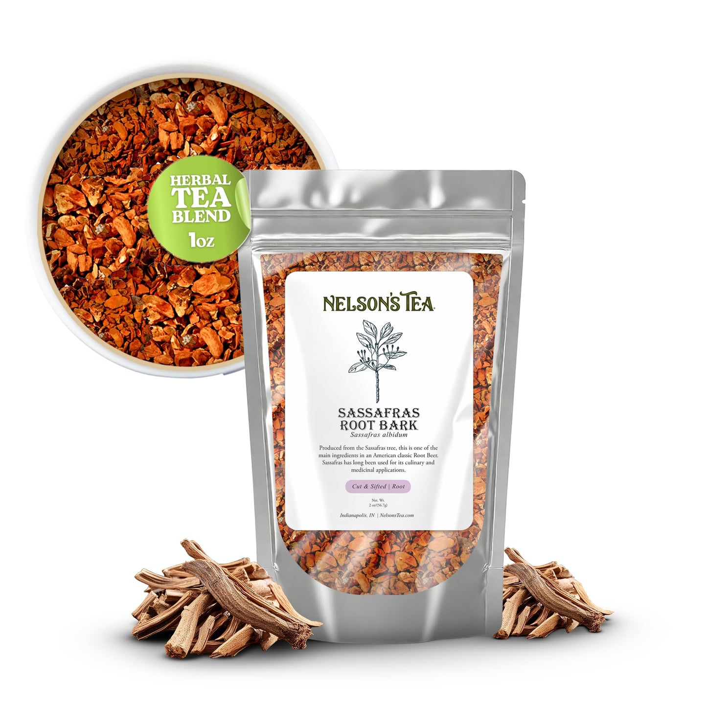 Nelsons Tea Sassafras Root Bark Herbal Tea - Caffeine Free, 1oz Resealable Bag