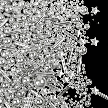 Silver Sprinkles for Cake Decorating, 4.6 oz Edible Pearls Rods Star Sprinkles for Baking Cupcake Cookies Ice Cream