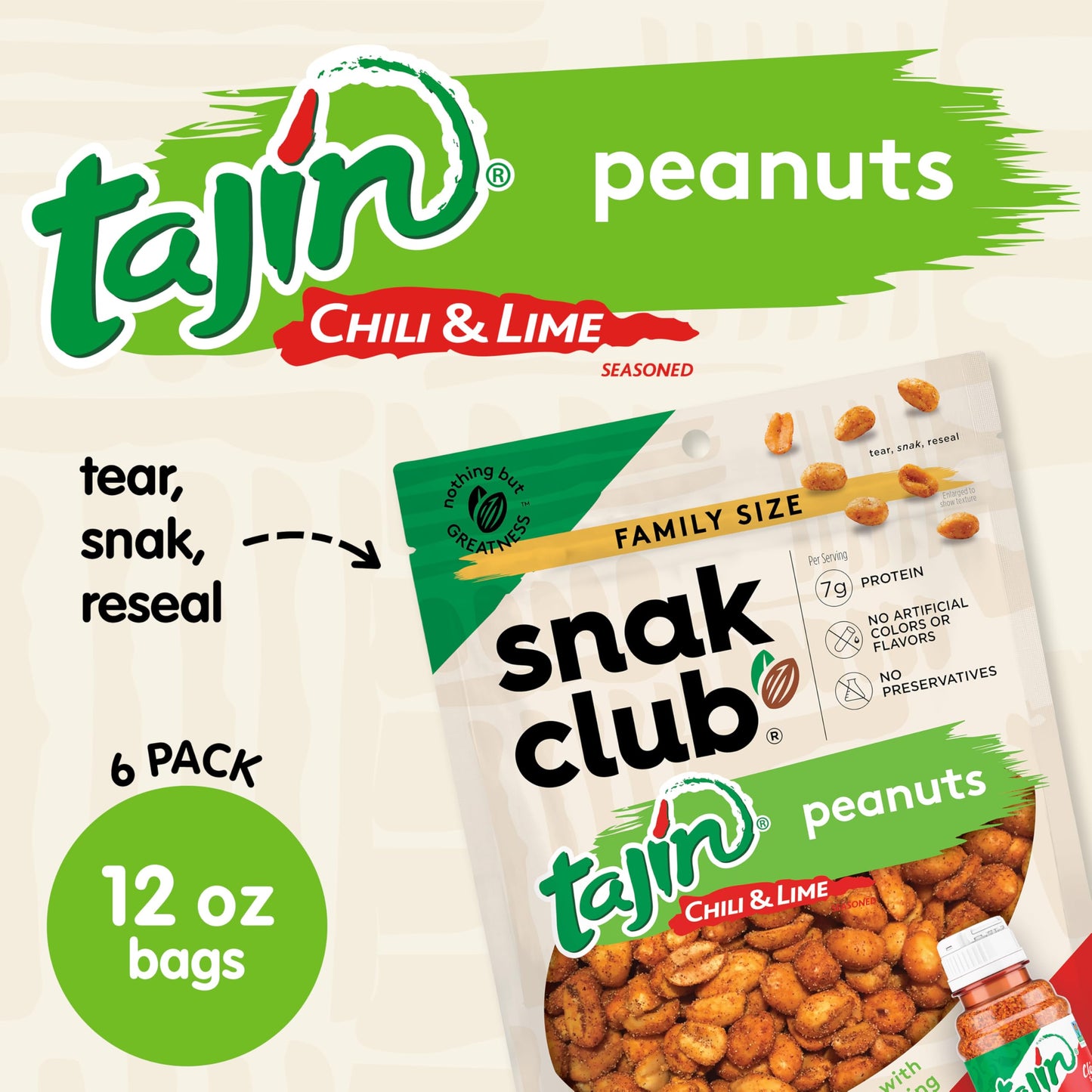 Snak Club Tajin Peanuts, Roasted Nuts with Chili and Lime Seasoning, Mild, Gluten-Free, Kosher Snacks, No Artificial Colors or F