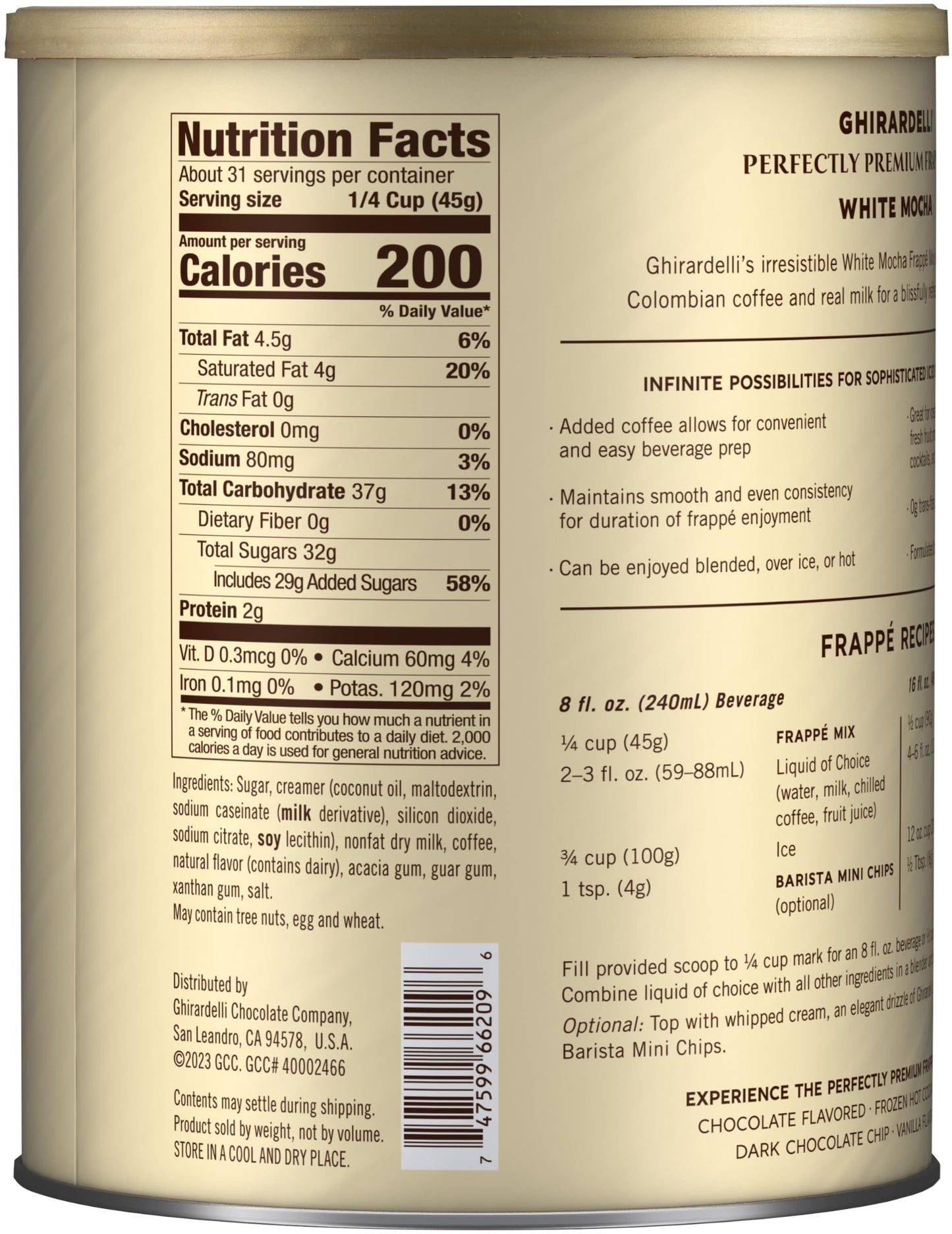 Ghirardelli White Mocha Premium Frappé Mix, 50 Ounce Can, Includes Stamped Barista Spoon