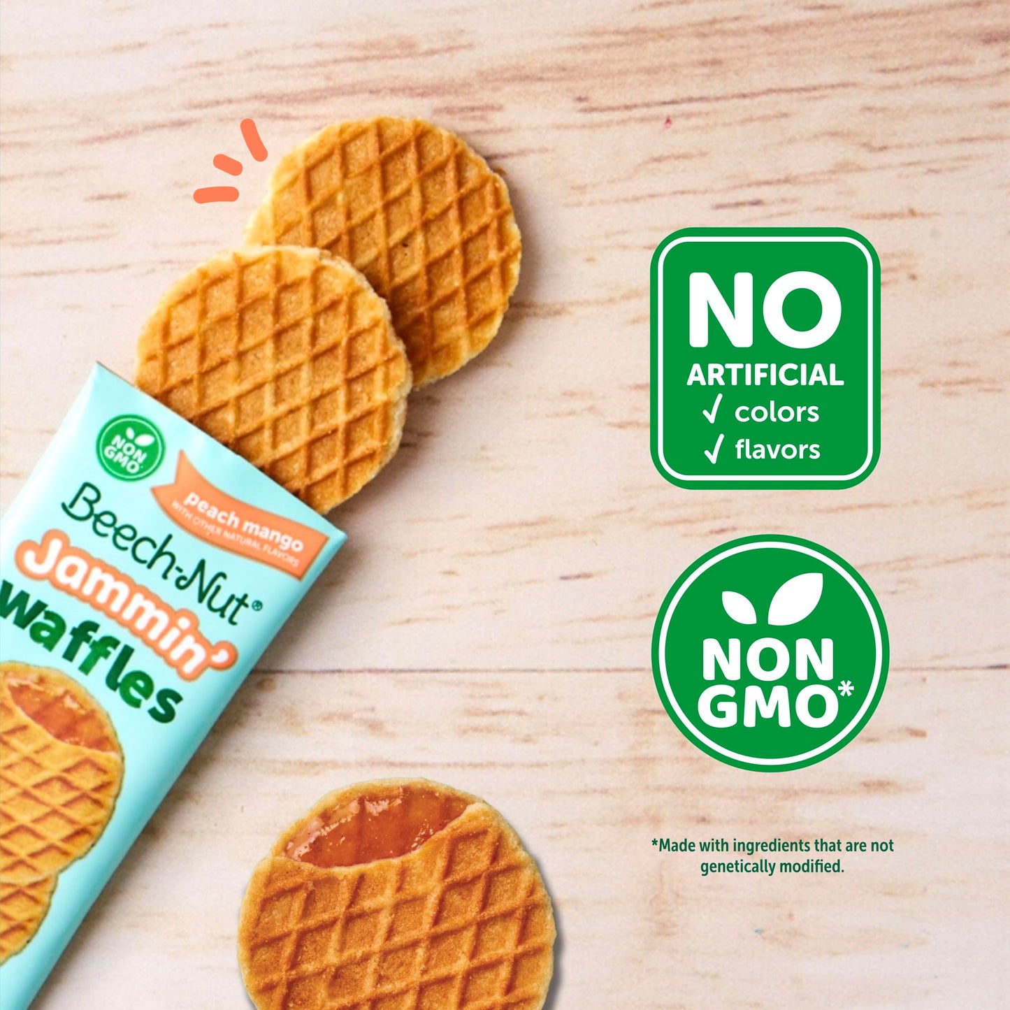 Beech-Nut Toddler Snacks Jammin Waffles With Fruit Filling For Babies & Toddlers, Peach Mango, 10 Boxes (50 Individually Wrapped Packs)
