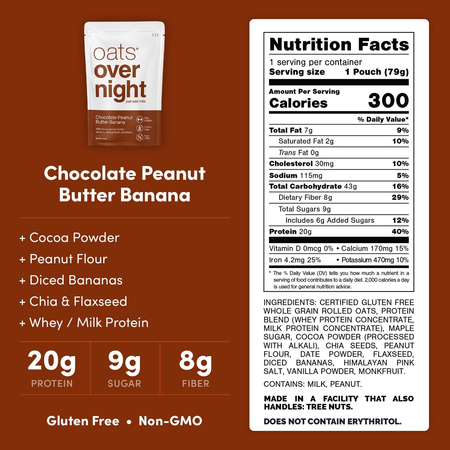 Oats Overnight Chocolate Peanut Butter Banana Overnight Oats, 20g Protein, High Fiber, Gluten Free, 2.8 oz (Pack of 8)