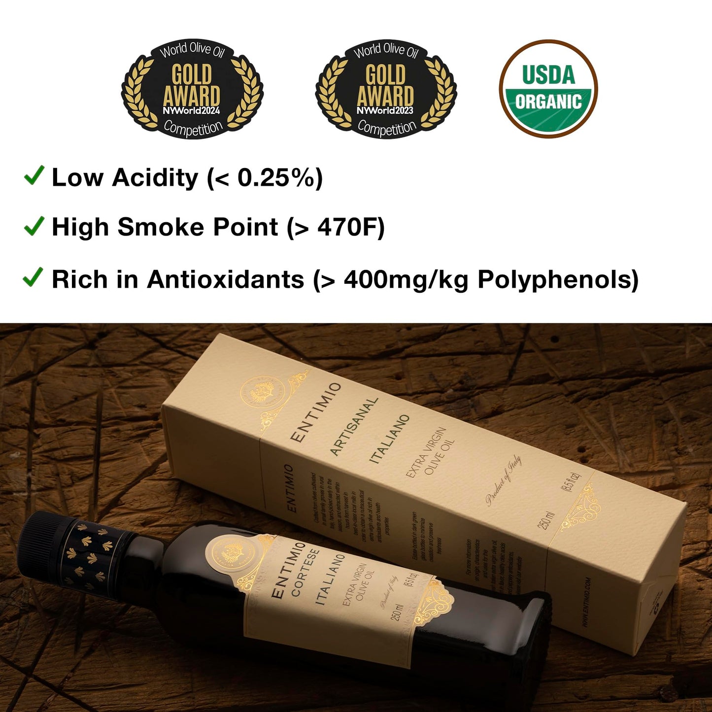 ENTIMIO Organic Extra Virgin Olive Oil - Polyphenol Rich, Cold Extracted, 8.5 fl oz, Early Harvest from Tuscany, 2024 Gold Winner