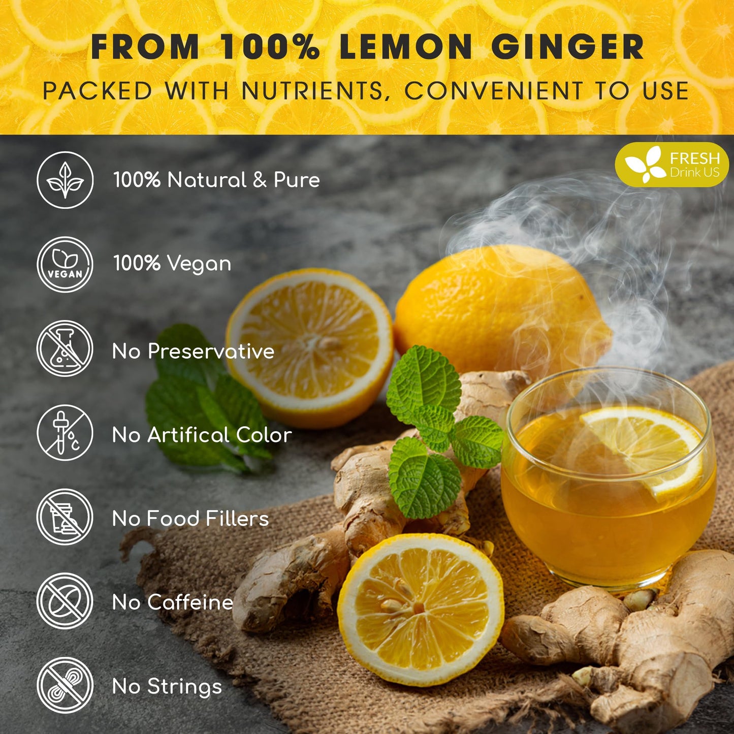 FRESHDRINKUS Lemon Ginger Herbal Tea Bags, 100% Natural, Vegan, 75 Tea Bags