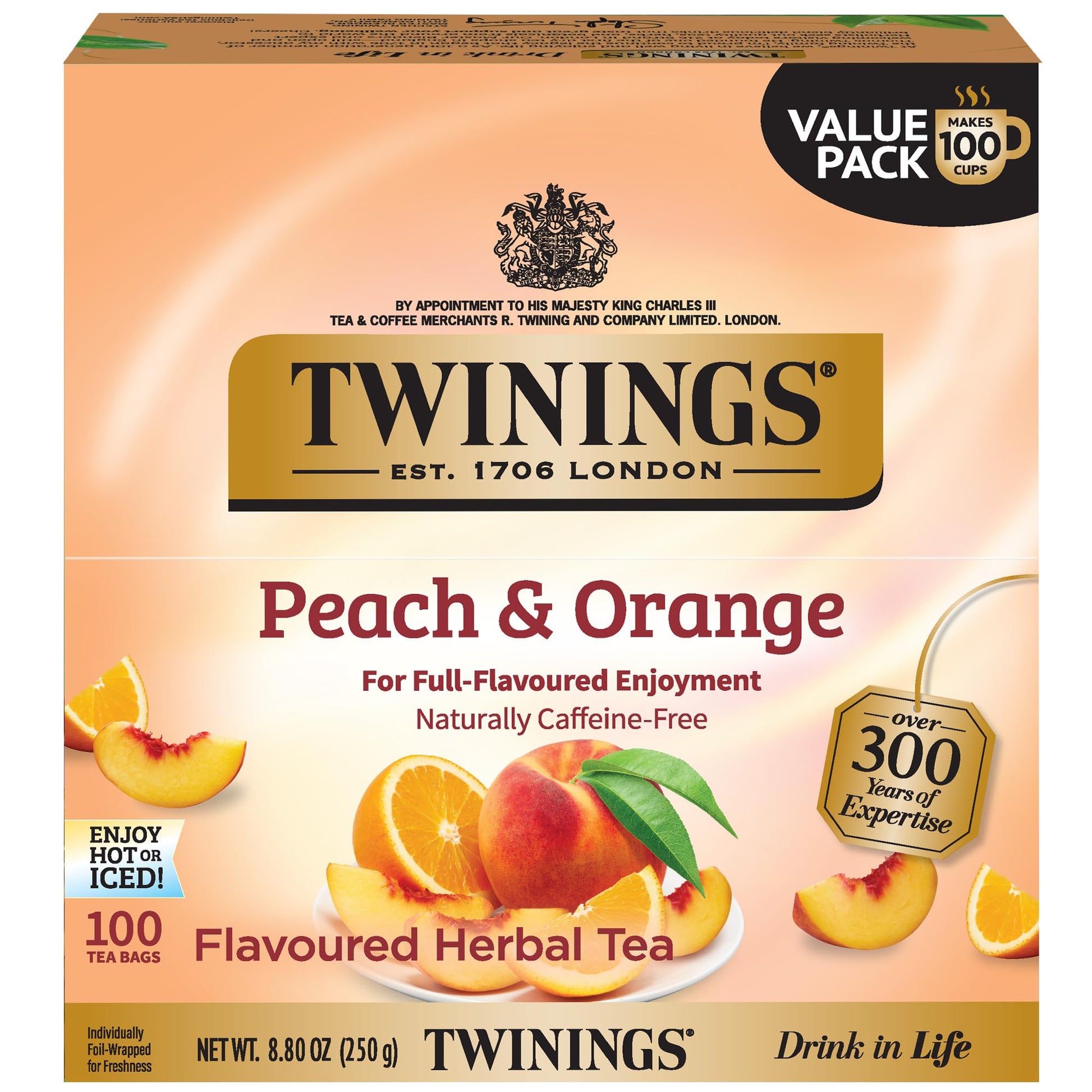 Twinings Peach & Orange Herbal Tea Individually Wrapped Bags  100 Count (Pack Of 1)  Juicy & Fruity  Naturally Energy Blend-Free  Enjoy Hot Or Iced  100 Teabags