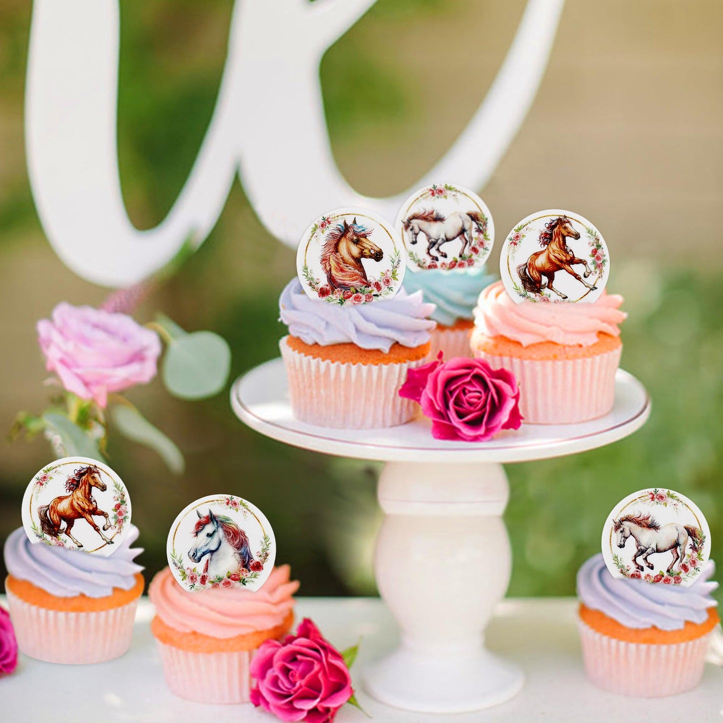 40 Pcs Horse Cupcake Toppers Wafer Paper Flower Horse Cupcake Picks Drink Topper Horse Racing Party Baby Shower Wedding Girls Bi