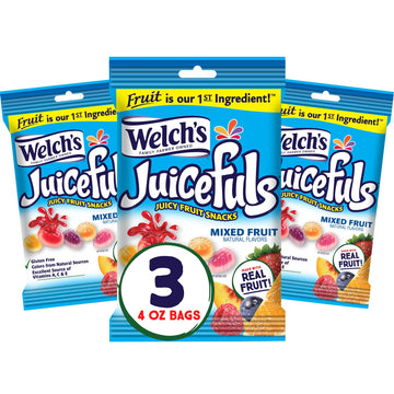 Welch's Juicefuls Juicy Fruit Snacks, Mixed Fruit, Fruit Gushers, Gluten Free, 4 Oz Sharing Size Bags (Pack of 3)