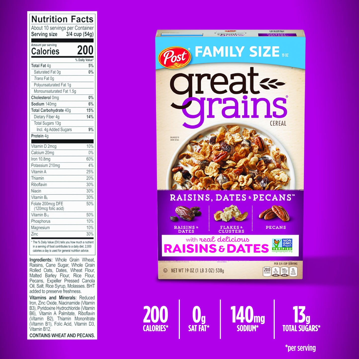 Post Great Grains Raisins Dates and Pecans Breakfast Cereal, Raisin Cereal with Sweet Dates and Granola Clusters, Non-GMO Projec