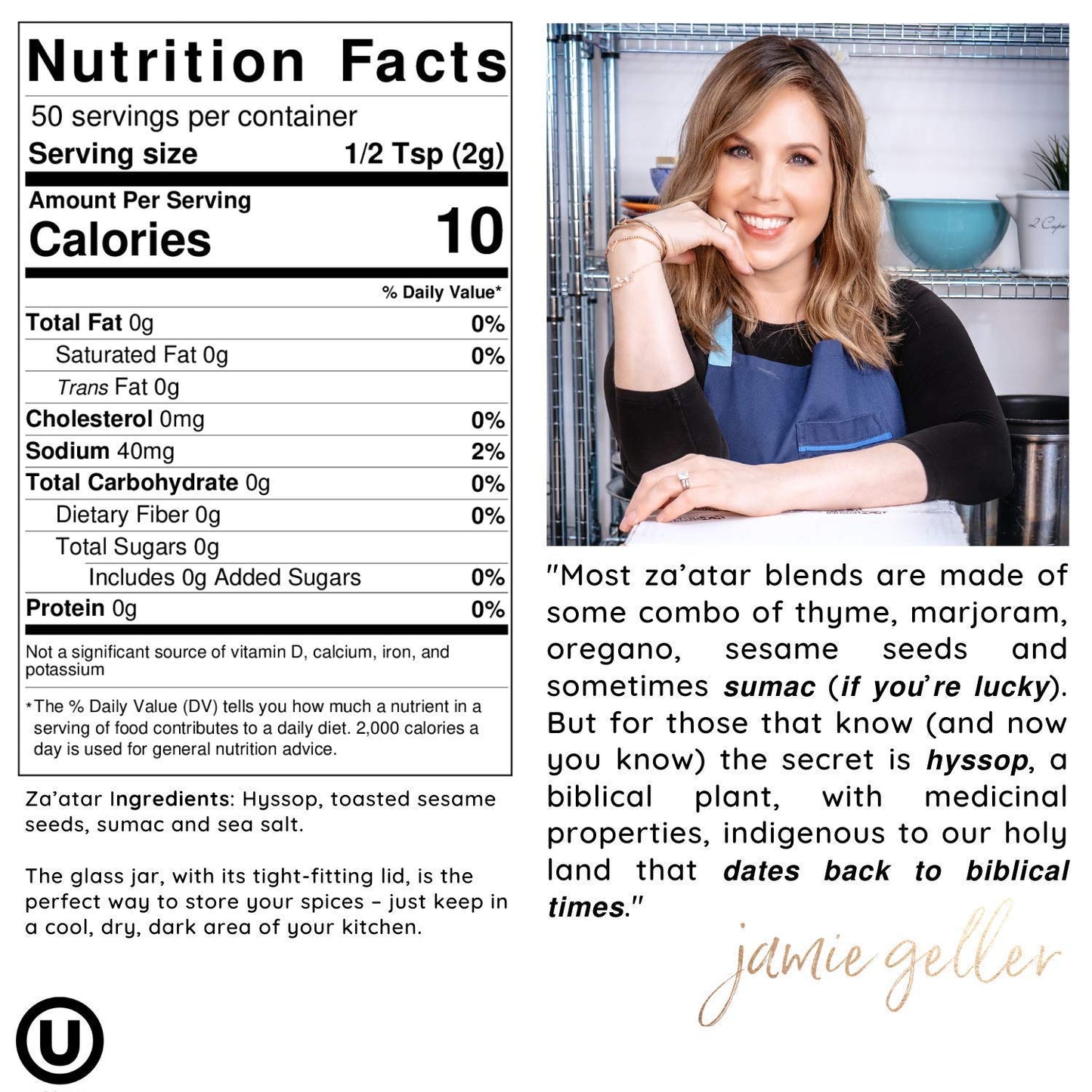 Jamie Geller Zaatar Spice Seasoning | Fresh Hyssop Herb Mix Spices (3.5 oz Glass Jar, 100g) OU KOSHER | Mediterranean Blend For