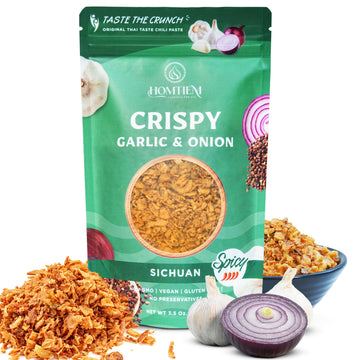 Homtiem Crispy Garlic & Onion : Sichuan 3.5 Oz., Versatile Seasoning, All-Natural, Non-GMO, Vegan & Gluten-Free, Ready-to-Use, K