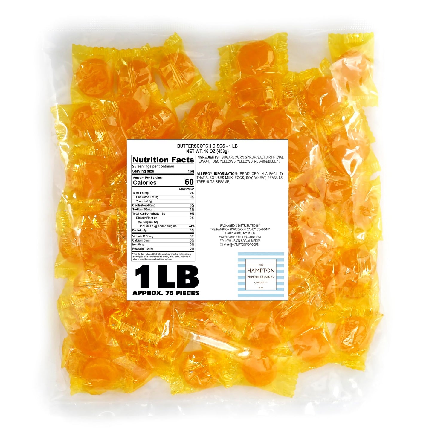 The Hampton Popcorn Company Butterscotch Hard Candy - 1lb Bulk Bag - Individually Wrapped Candy Discs - Approx. 75 pcs