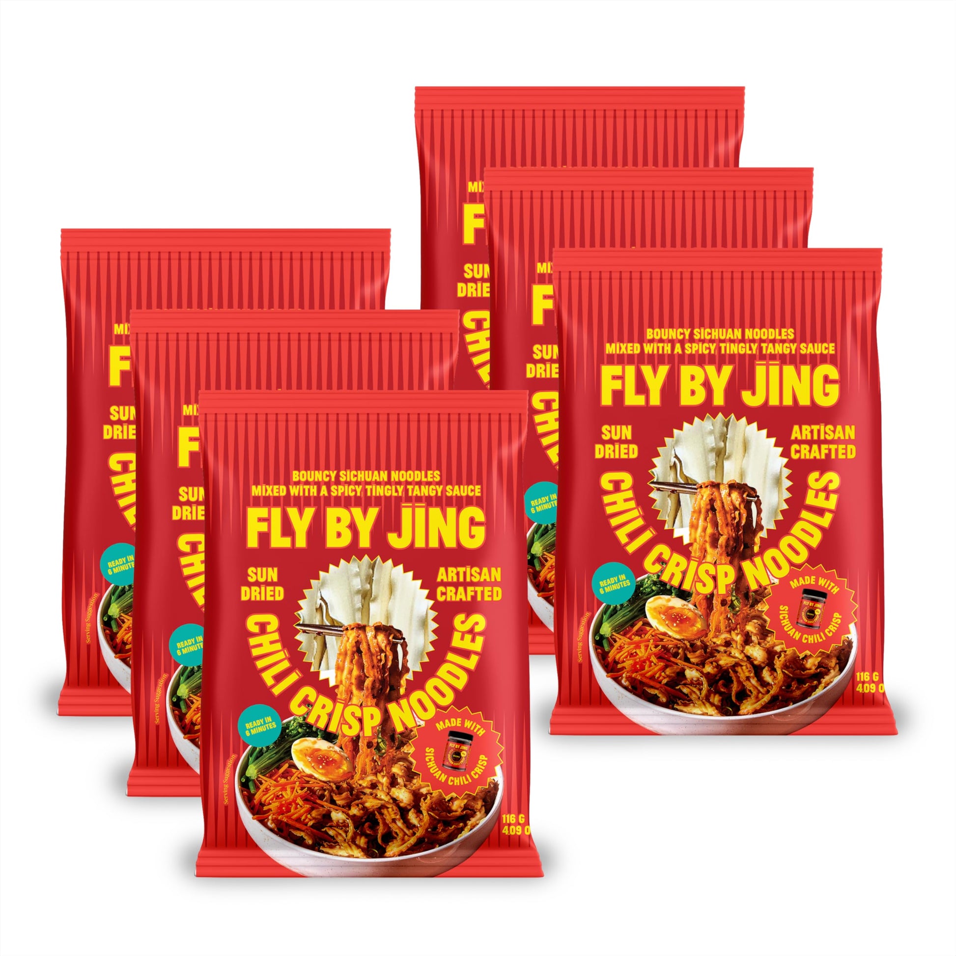 FLYBYJING Chili Crisp Noodles - Sun-Dried  Wavy Asian Instant Noodles Tossed in Sichuan Chili Crisp Sauce - Ready in 6 Minutes - Vegan  High Protein  No MSG  4.02 oz (Pack of 6)