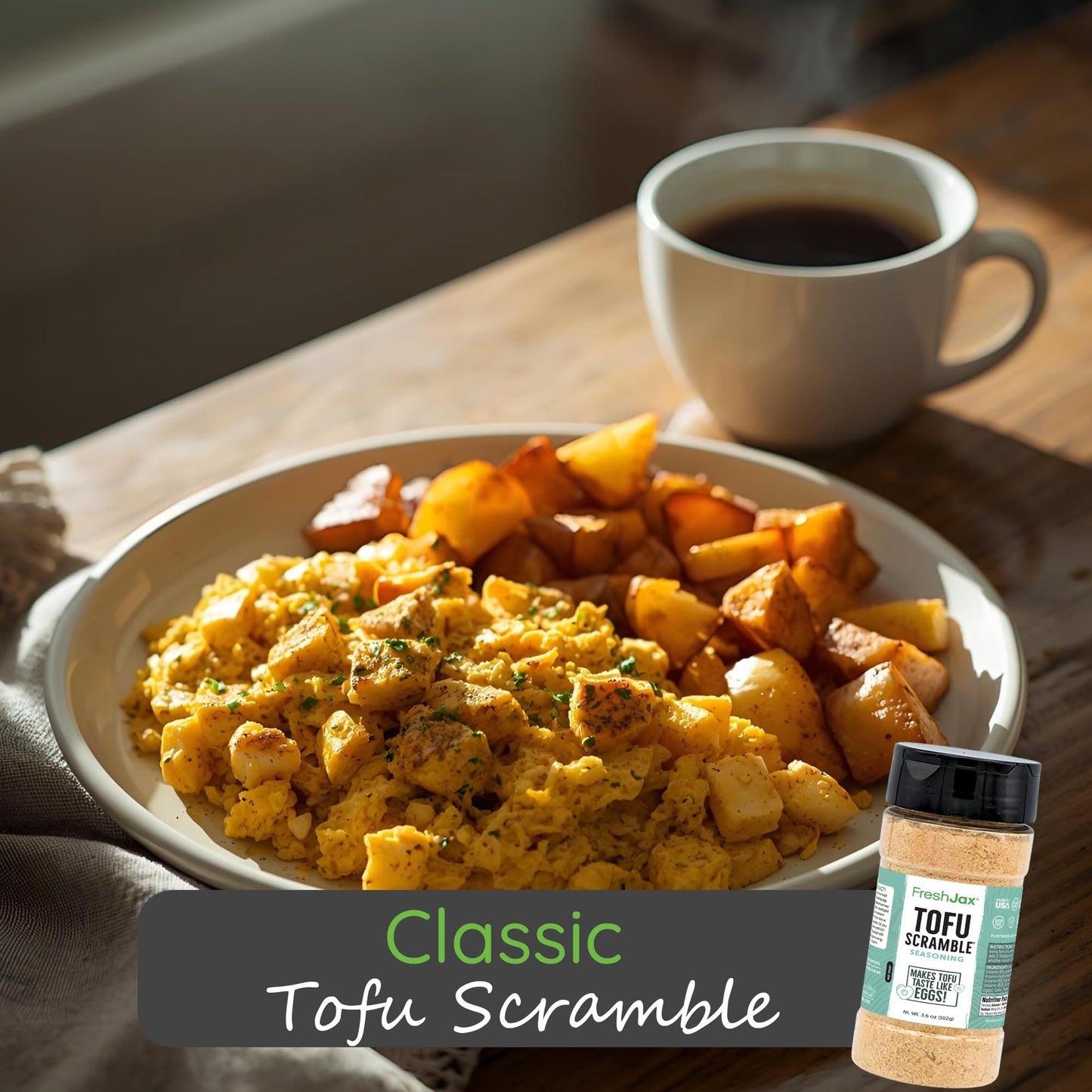 Freshjax Organic Tofu Scramble Spice Mix – Vegan Plant-Based Egg Seasoning, 3.6 Oz Large Bottle, Gluten-Free, Certified Kosher, Non-Gmo, No Preservatives