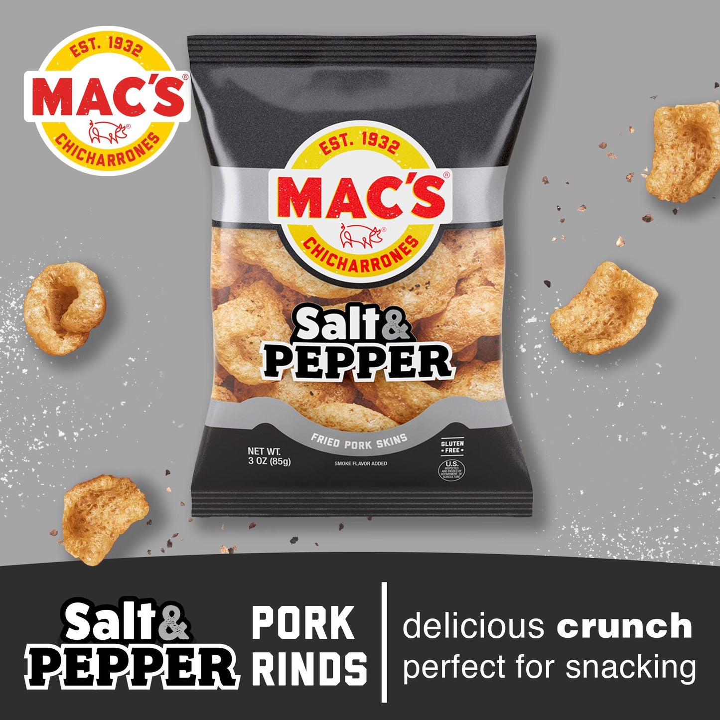 Macs Salt and Pepper Fried Pork Skins - Salt & Pepper Flavored Chicharrones Pork Rinds - Low Carb, Gluten-Free, Keto-Friendly S