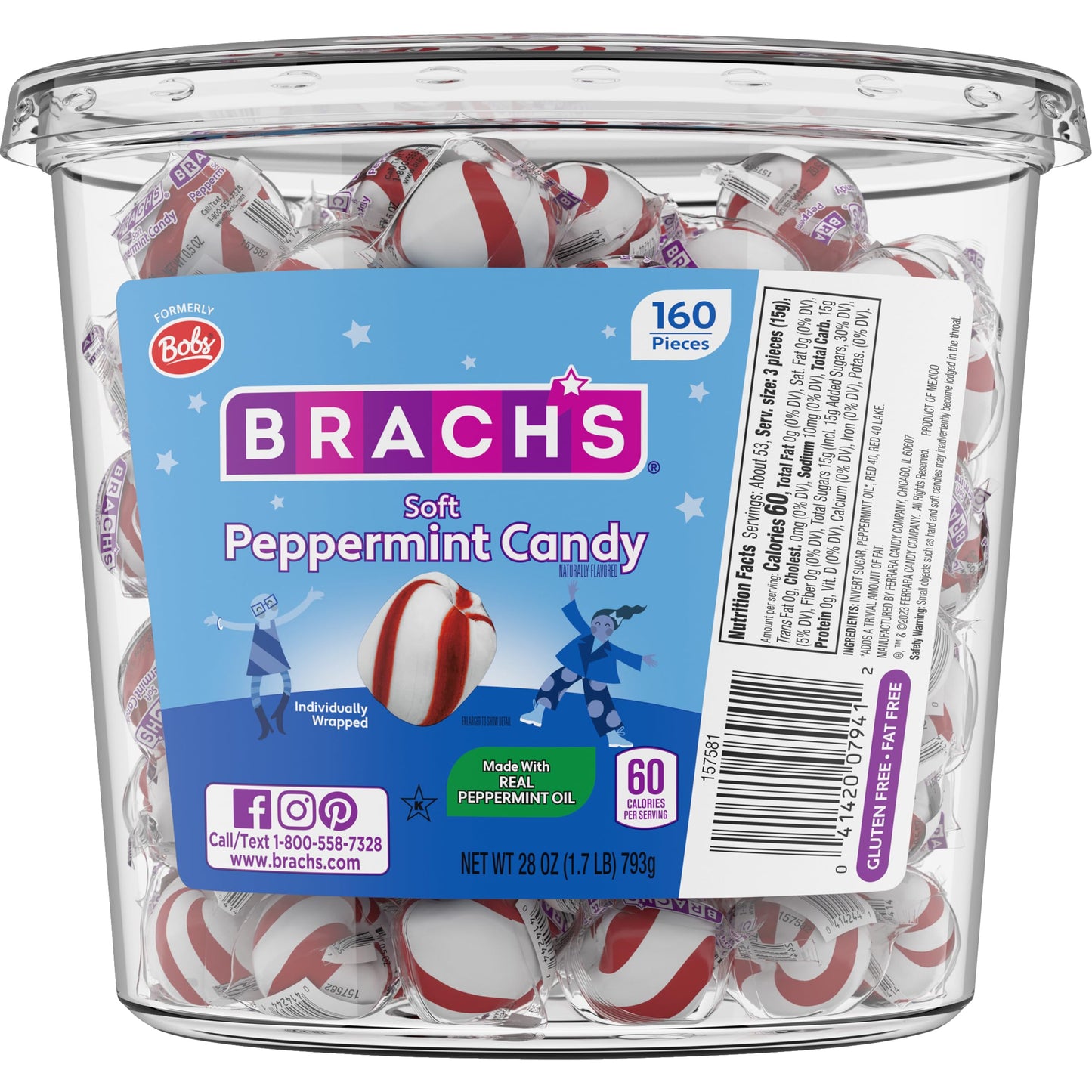 Bobs Sweet Stripes Soft Peppermint Candy, 160 Count, 28 Ounce Jar