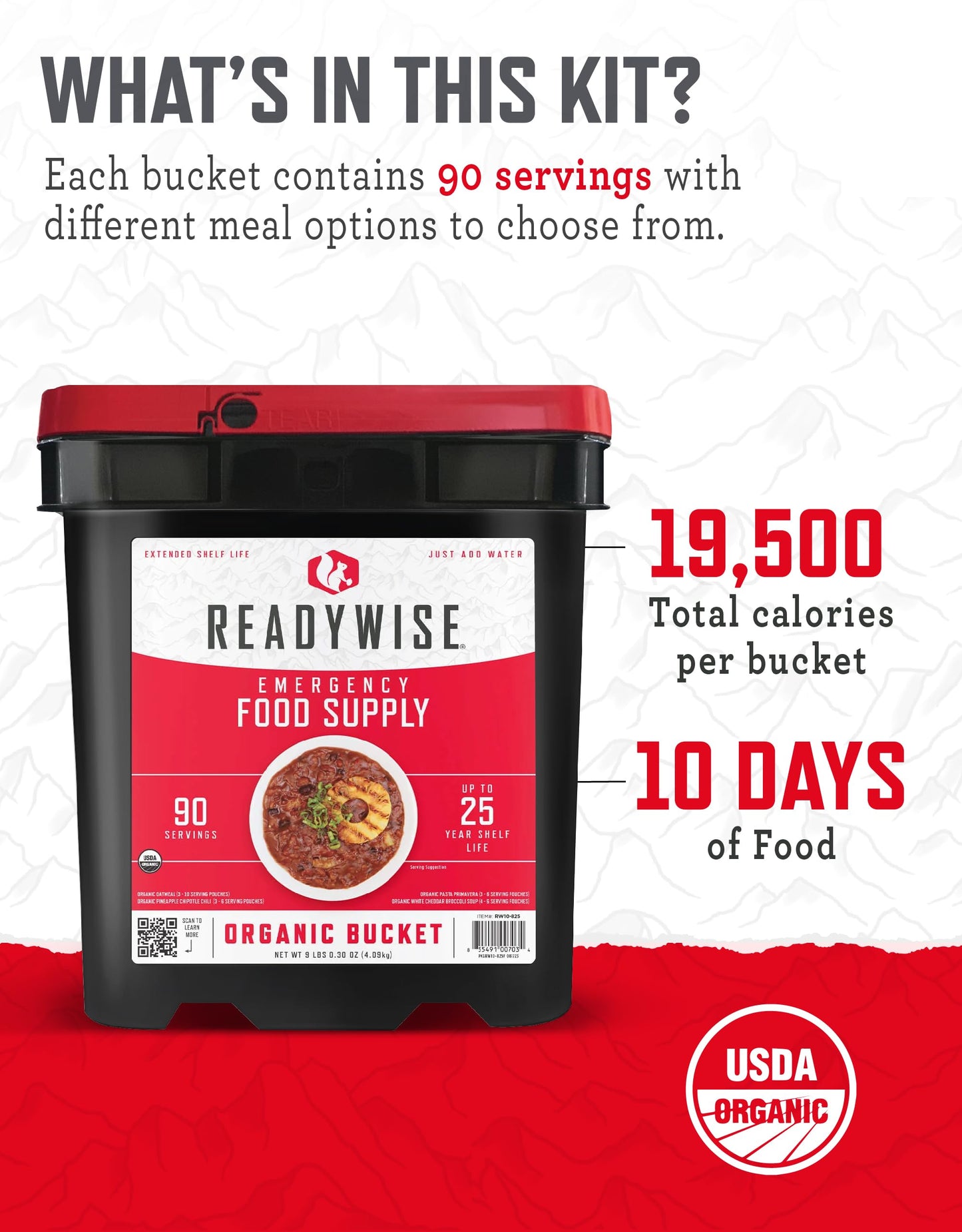 Readywise - Organic Bucket, 90 Servings, Emergency, Mre Meal, Food Supply, Premade, Freeze Dried Survival Food For Hiking, Adven