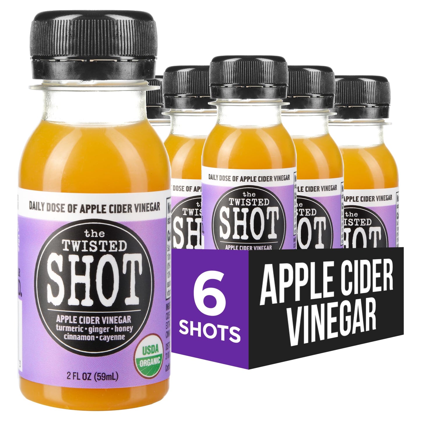 The Twisted Shot | Organic Apple Cider Vinegar Wellness Shots with Ginger, Turmeric, Honey, Cinnamon and Cayenne | Digestion, Immunity and Gut Health Support | Ready to Drink | 6, 2 oz Mini Bottles