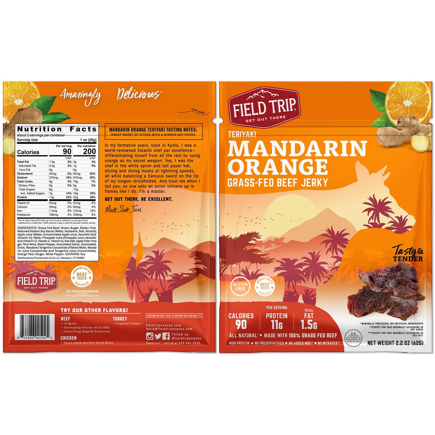Field Trip Beef Jerky, Healthy Gluten Free, High Protein, Low Carb, Mandarin Orange Teriyaki, 2.2oz Bag, 4 Pack
