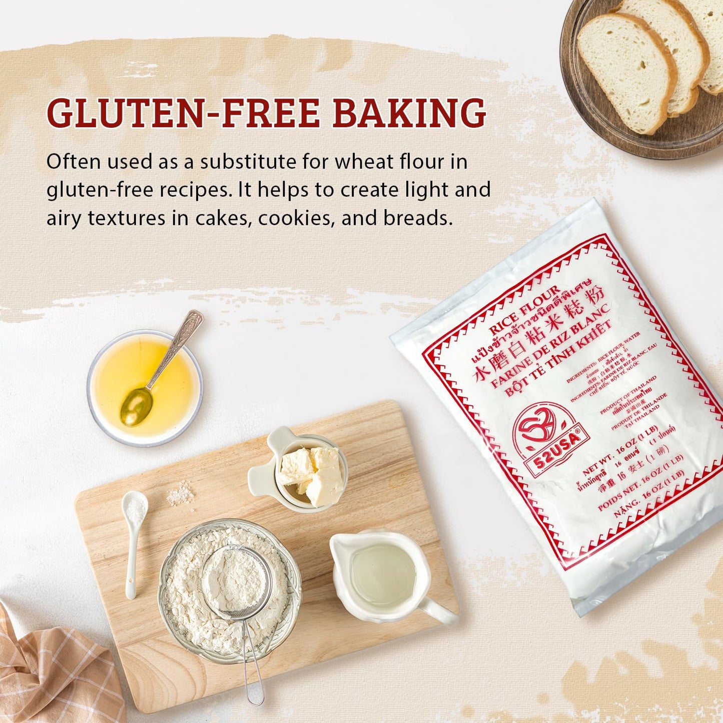 52USA Thai Rice Flour, All Natural White Rice Flour, 1 Pound (16 Ounce), Ideal for Baking and Cooking, Product of Thailand