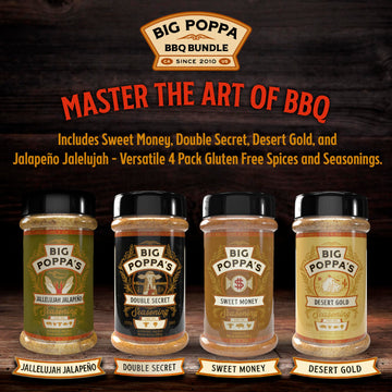 Big Poppa Smokers BBQ Spice Bundle - Gluten-Free 4-Pack with Sweet Money, Double Secret, Desert Gold & Jallelujah Jalapeno Seasoning