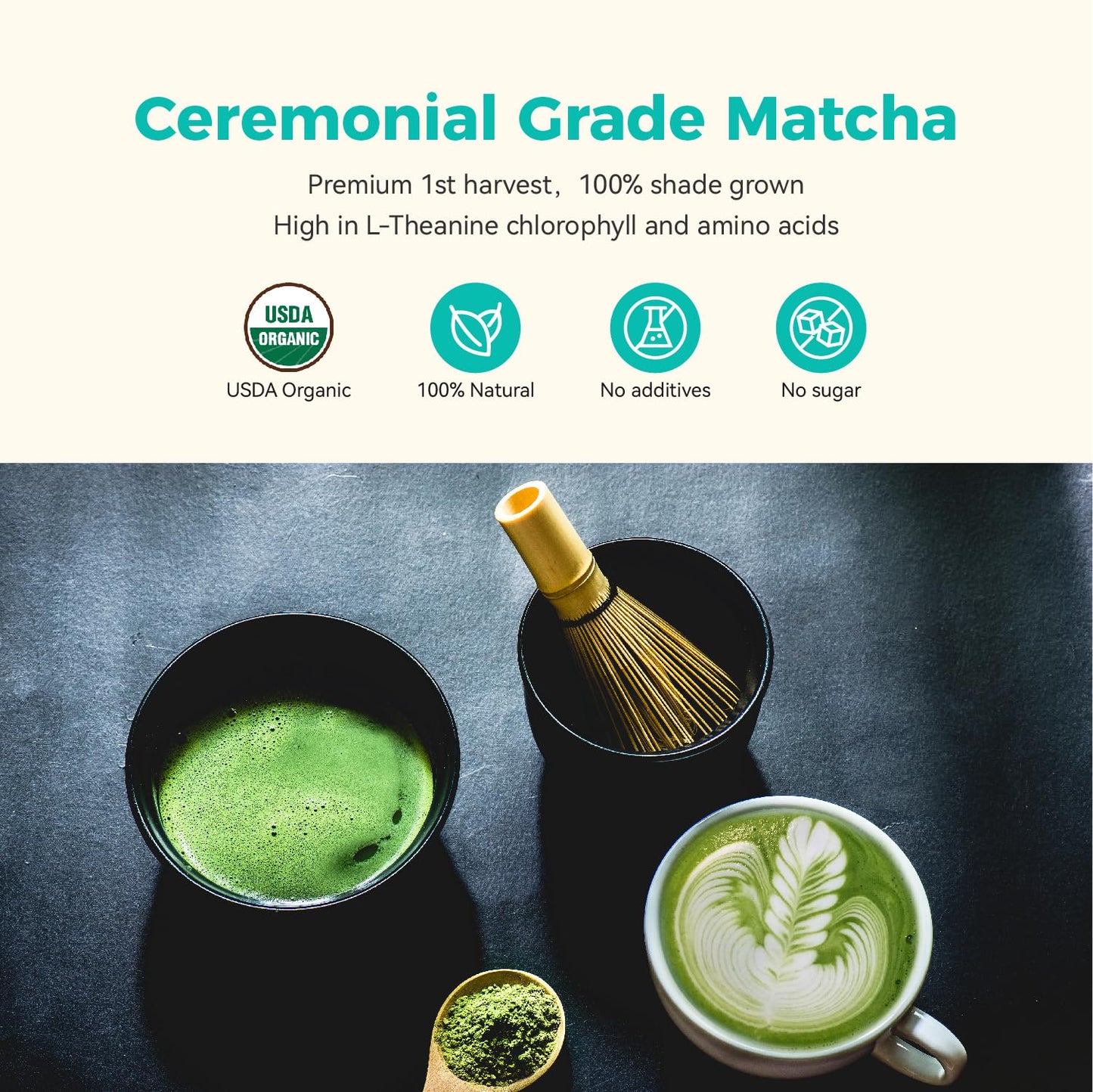 Emerail Matcha Powder Ceremonial Grade  USA Organic Matcha Green Tea Powder  enhanced First Harvest  Sugar-Free Gluten-Free Vegan (60g / 2.1oz)