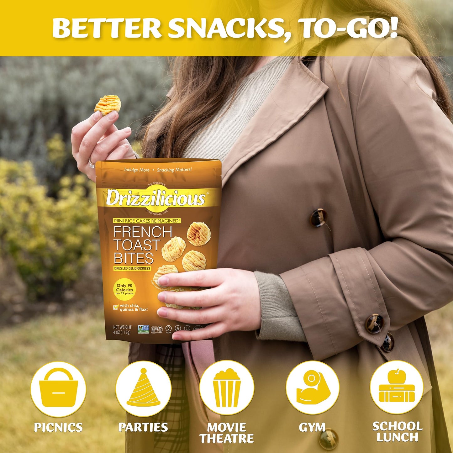 Drizzilicious Mini Rice Cakes French Toast - Rice Crisps  Healthy Snack for mature-themeds and Kids  Flavored Rice Cakes  Vegan  Gluten Free  Allergen Free  Only 90 Calories Per Serving - 4 oz (Pack of 6)