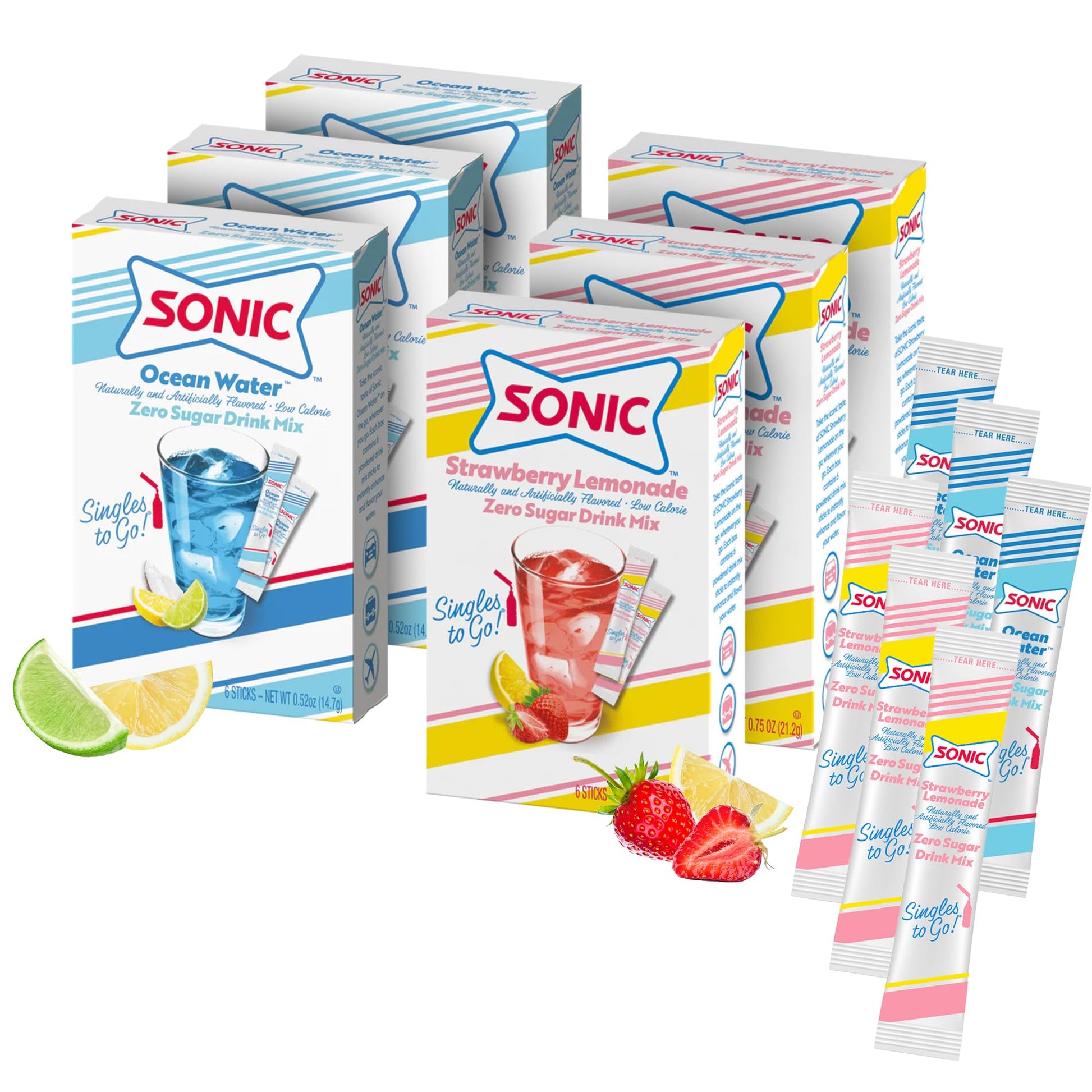 SINGLES TO GO! Sonic Variety Pack - 6 Boxes (Cherry Limeade, Strawberry Lemonade, Ocean Water) - 0.5 Ounce Each