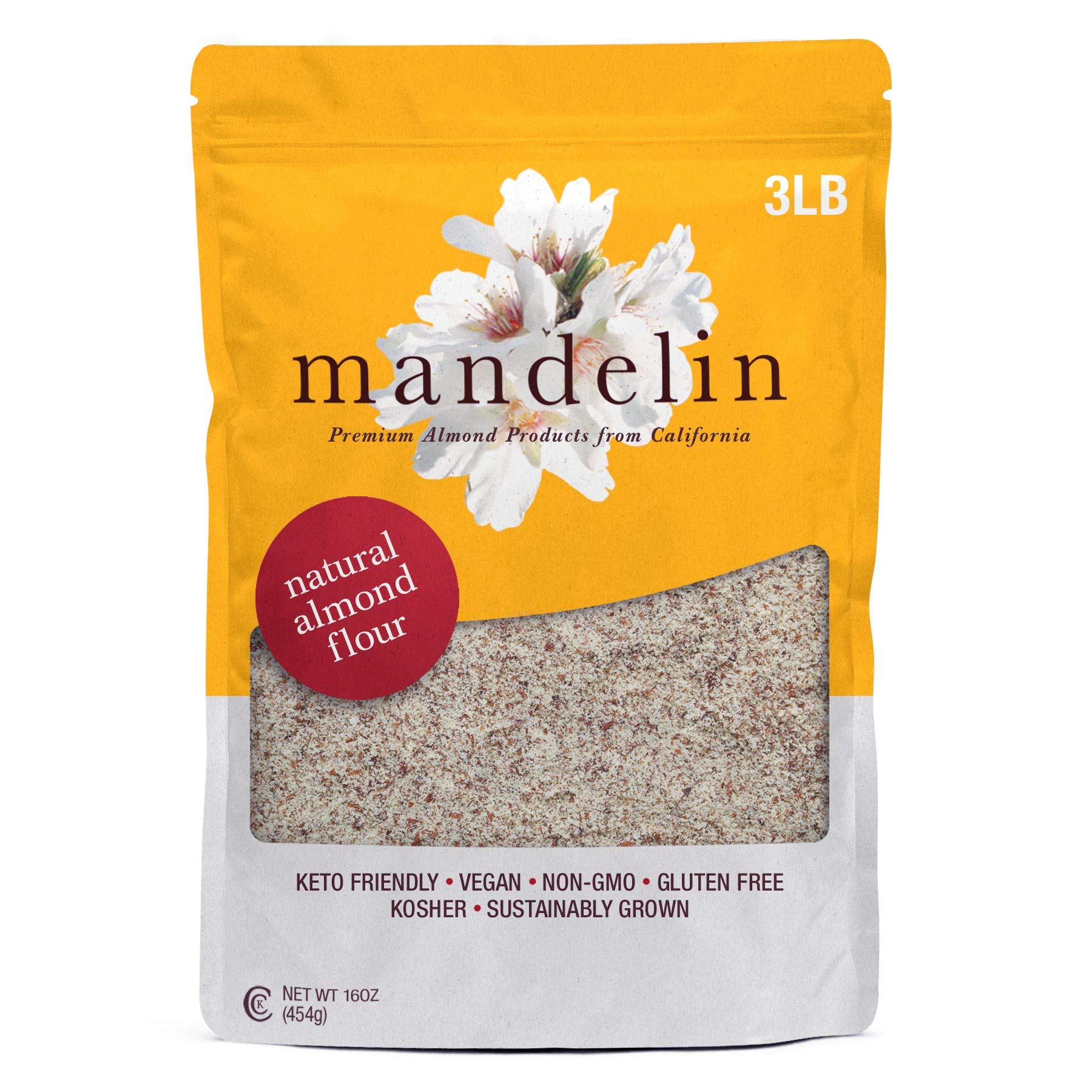 Mandelin Grower Direct Pure Natural Almond Flour With Skin (3 Lb), Non-Gmo, Gluten Free, Vegan, Keto, Plant Based Diet Friendly, Kosher For Passover, Every Batch Tested For Quality