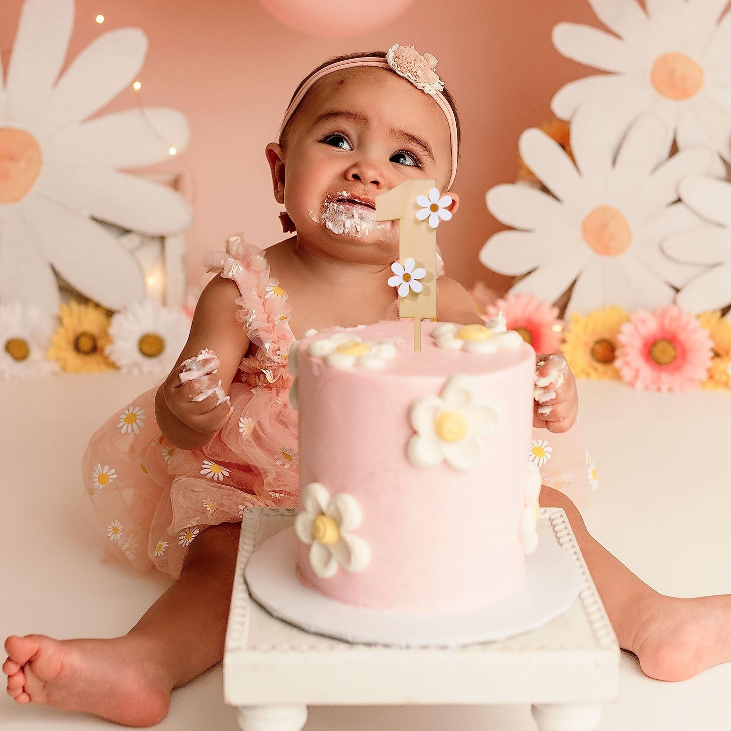 MAMUXI Wooden Daisy Cake Topper - Boho Retro Decor for 1st Birthday, Brown, Model Daisy