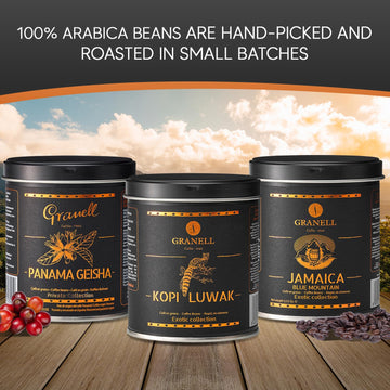Caf  S Granell Kopi Luwak, Jamaica Blue Mountain & Panama Geisha Coffee 3 Pack Gift Set | Exotic Collection Fresh Whole Beans Qu