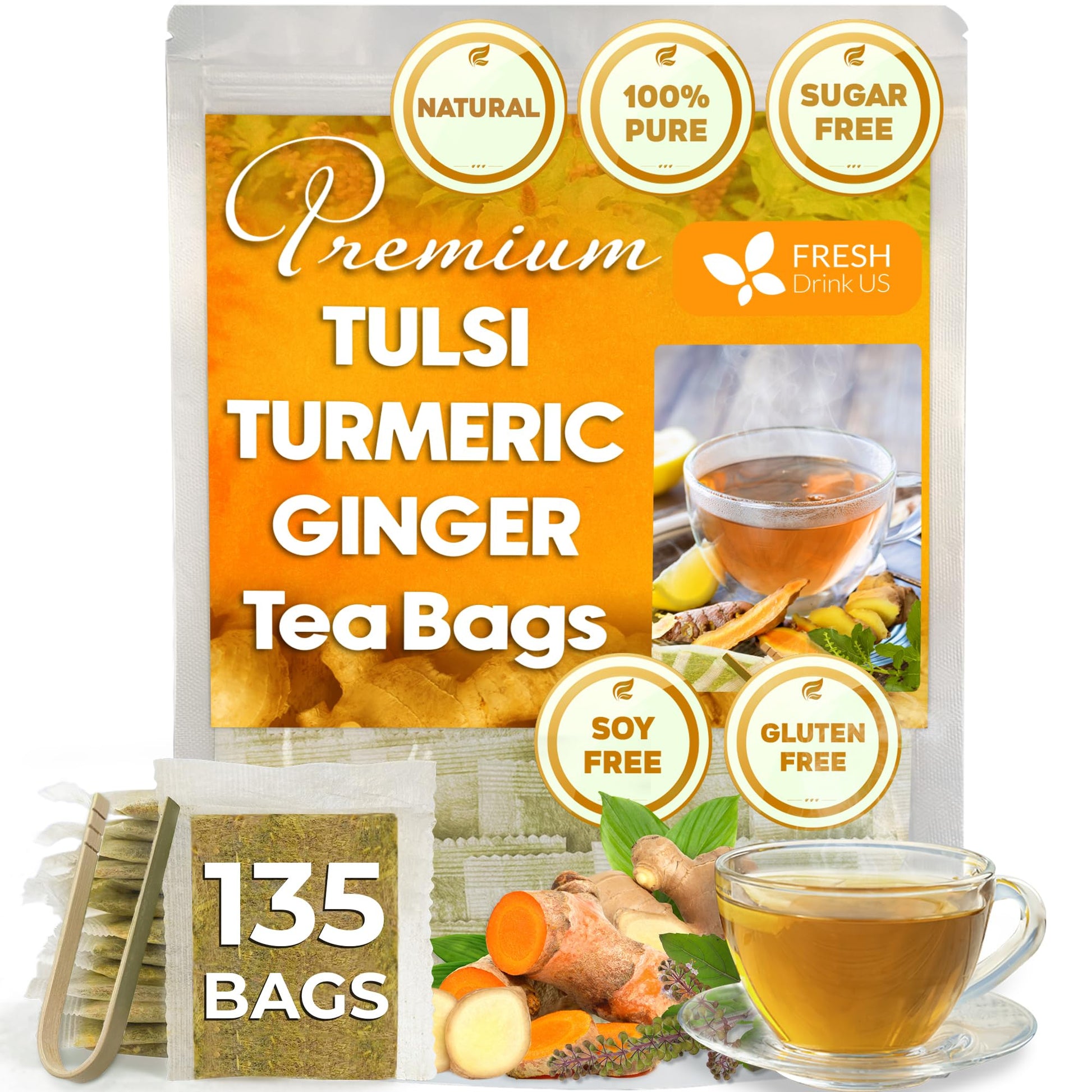 FRESHDRINKUS Premium Tulsi Turmeric Ginger Tea Bags, 100% Natural, 135 Bags, Vegan, No Caffeine, Sugar-Free
