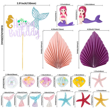 Gyufise 27Pcs Mermaid Under The Sea Cake Toppers Kit Little Resin 3D Mermaid Palm Leaves Bubble Starfish Shell Mermaid Tail Cupc