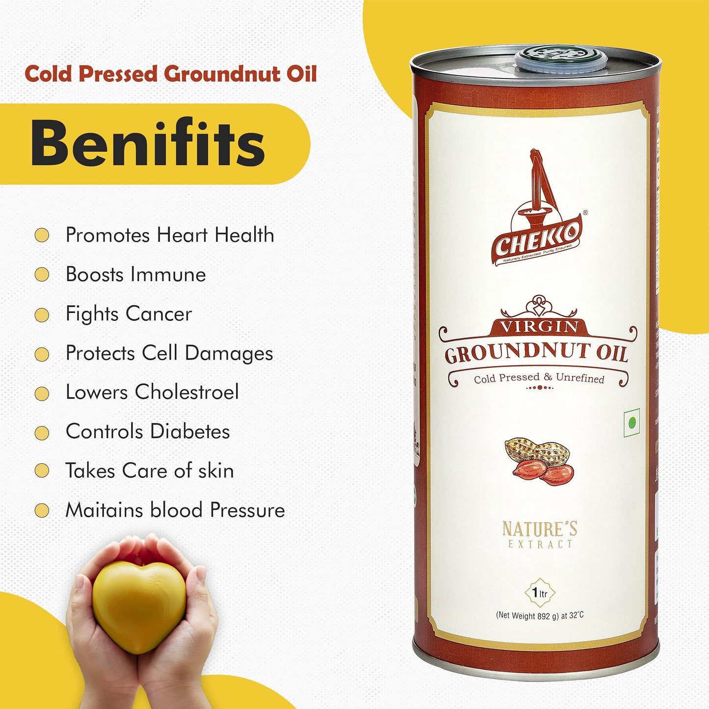 Chekko Kachi Ghani Cold Pressed Virgin 5L Groundnut/Peanut Oil | 100% Natural, Pure & Wood Pressed 5 Litre for Cooking