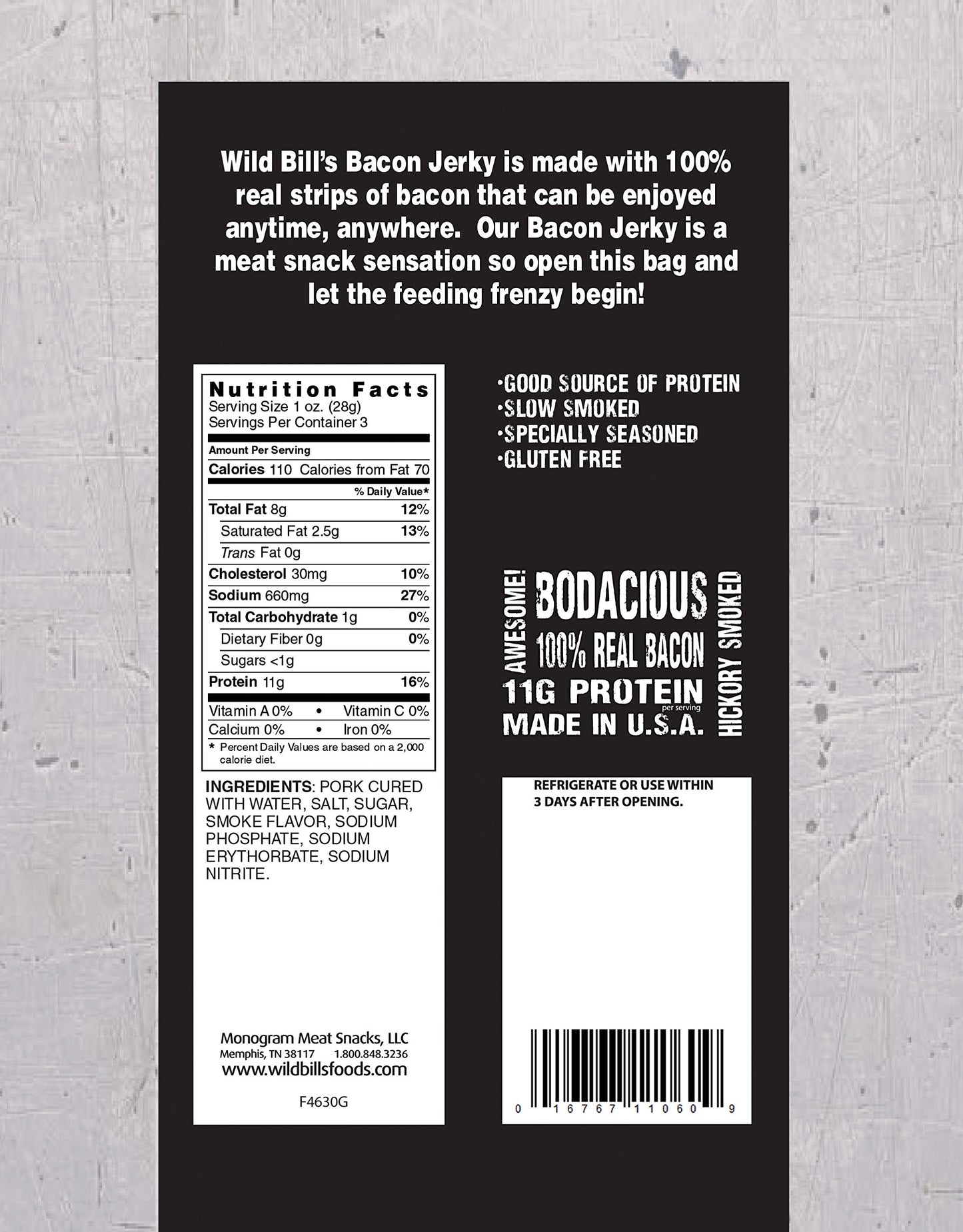 Wild Bills Hickory Smoked Bacon Jerky - 3 Ounce Pack (3 count) - Savory Snack
