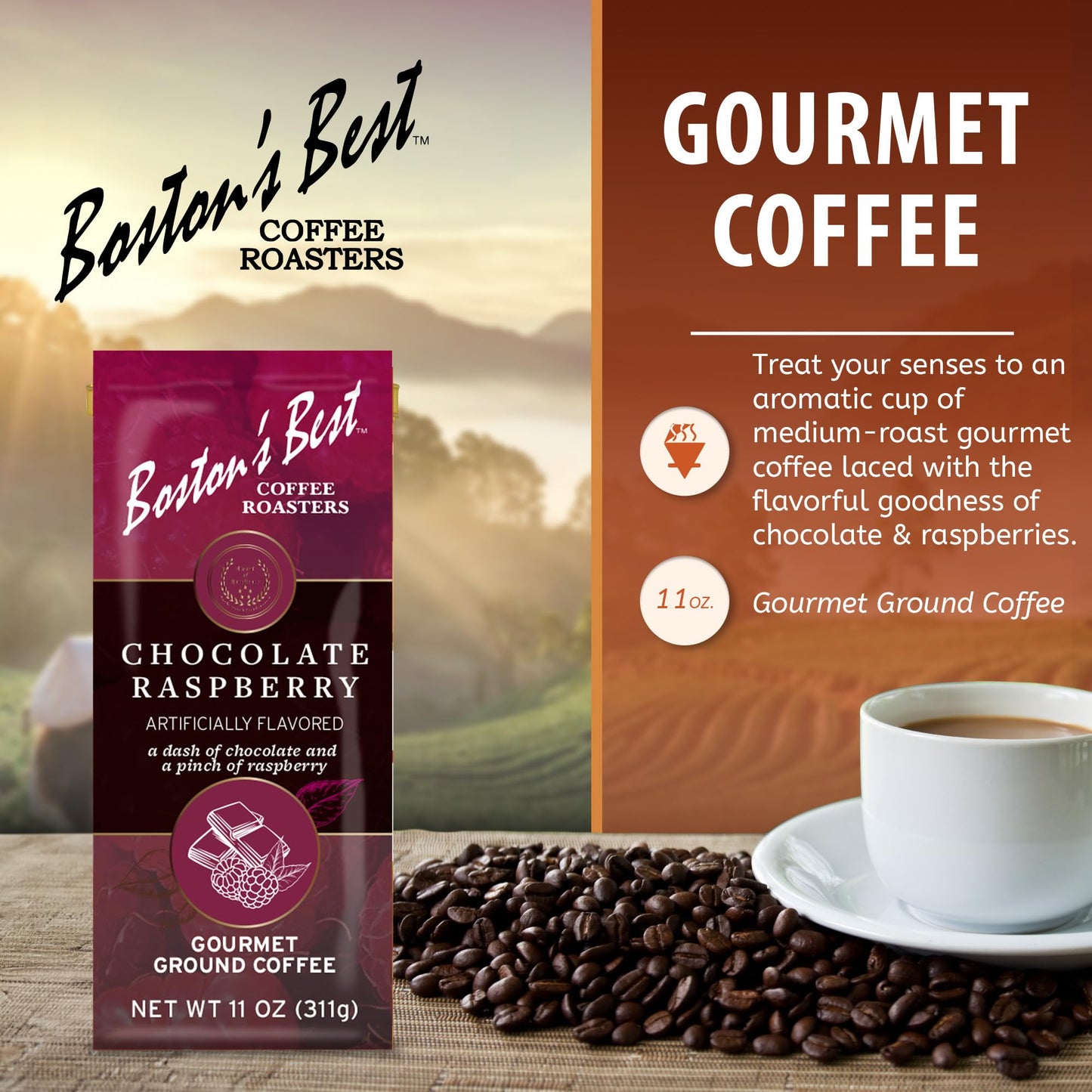 Bostons Best Coffee Chocolate Raspberry Ground Coffee Medium Roast 11 oz