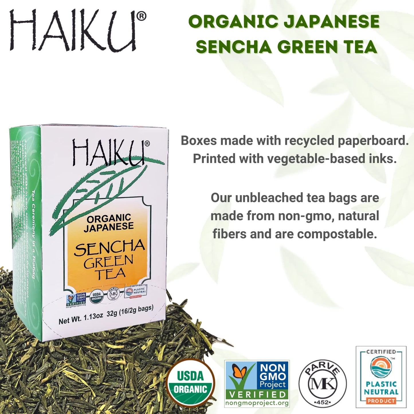 Haiku Organic Sencha Green Tea, Non-Gmo, Kosher, Usda Organic, 1 Box (16 Teabags)