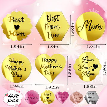 48 Pcs Acrylic Mirror Disc Cupcake Toppers For Mother'S Day Cake Decorations, 6 Styles 4 Colors Happy Mother'S Day Acrylic Cake
