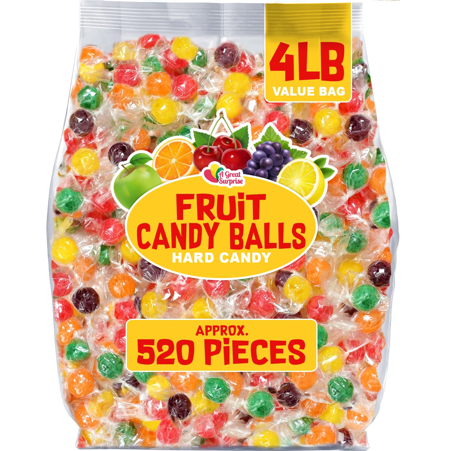 Hard Candy Fruit Balls - 4 Pounds - Individually Wrapped Bulk Candy - Fruity Hard Candies for Office, Desk, Calssroom - Colorful