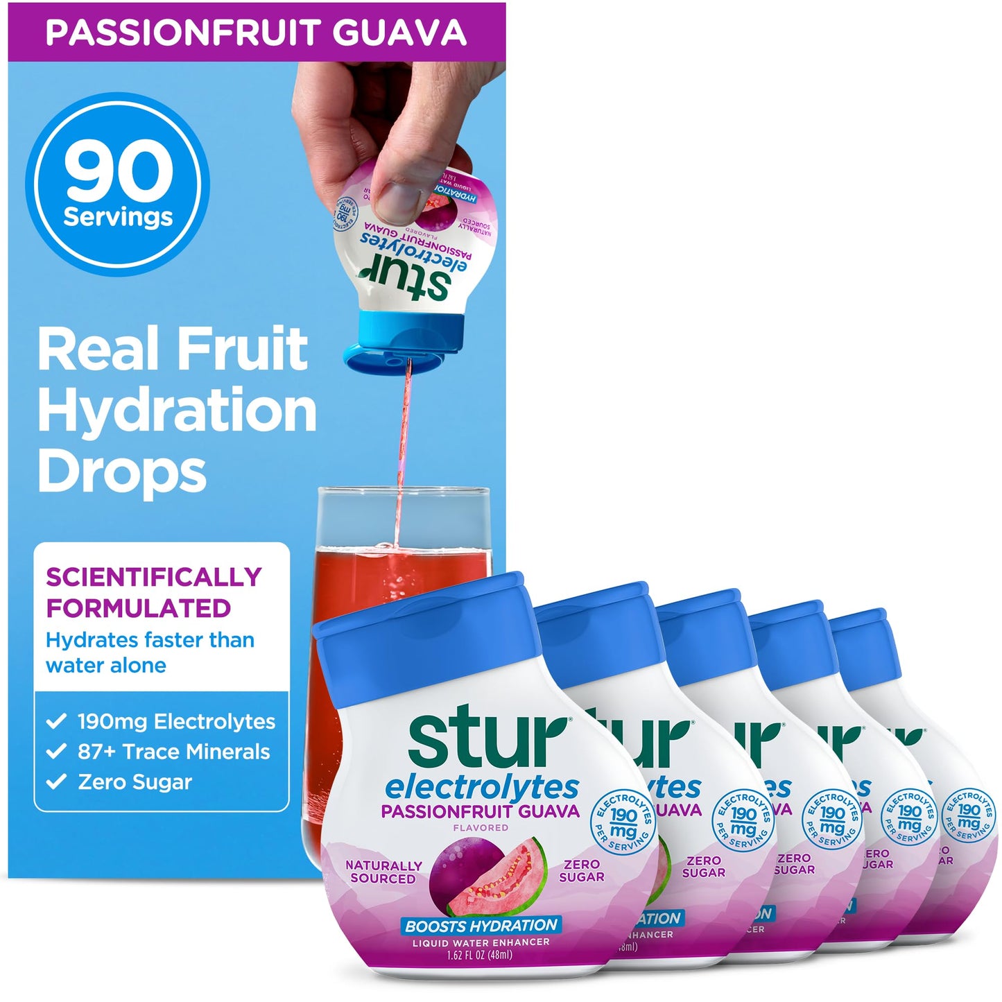 Stur Electrolyte Water Enhancer, Sugar Free, Stevia Sweetened, 1.62 Fl Oz (Pack of 5), Passionfruit Guava Flavor